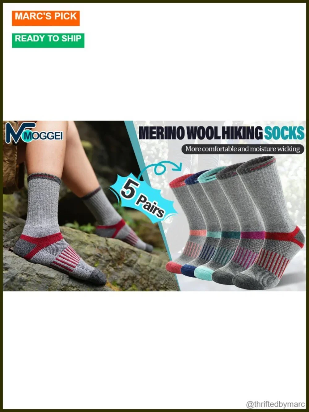 5 Pairs Merino Wool Hiking Socks Warm Thermal Cushioned Moisture Wicking